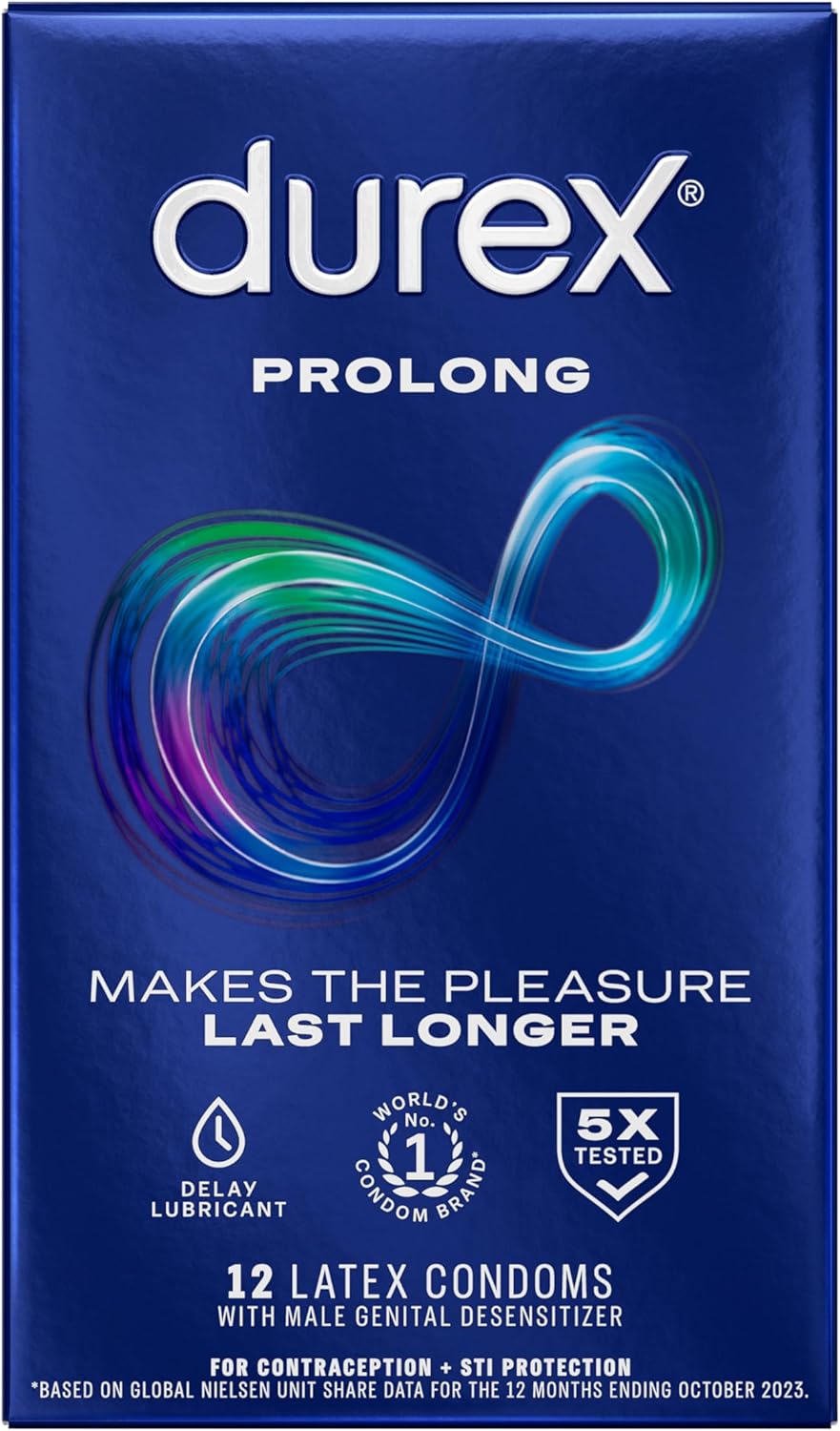  Durex Condom Prolong Natural Latex Condoms, 12 Count   Ultra Fine, Ribbed And Dotted With Delay Lubricant, Regular Fit